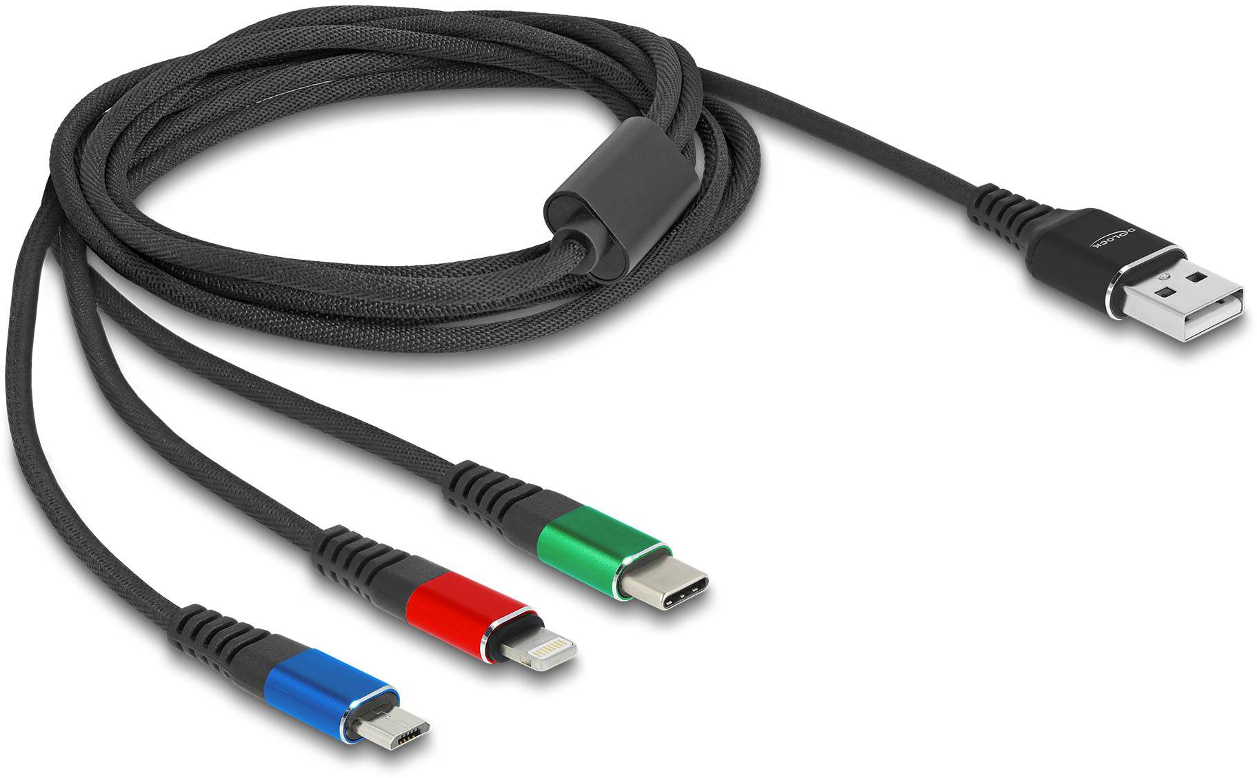 Ett svart USB-kabel med tre olika anslutningar: Micro-USB (röd), Lightning (blå) och USB-C (grön).