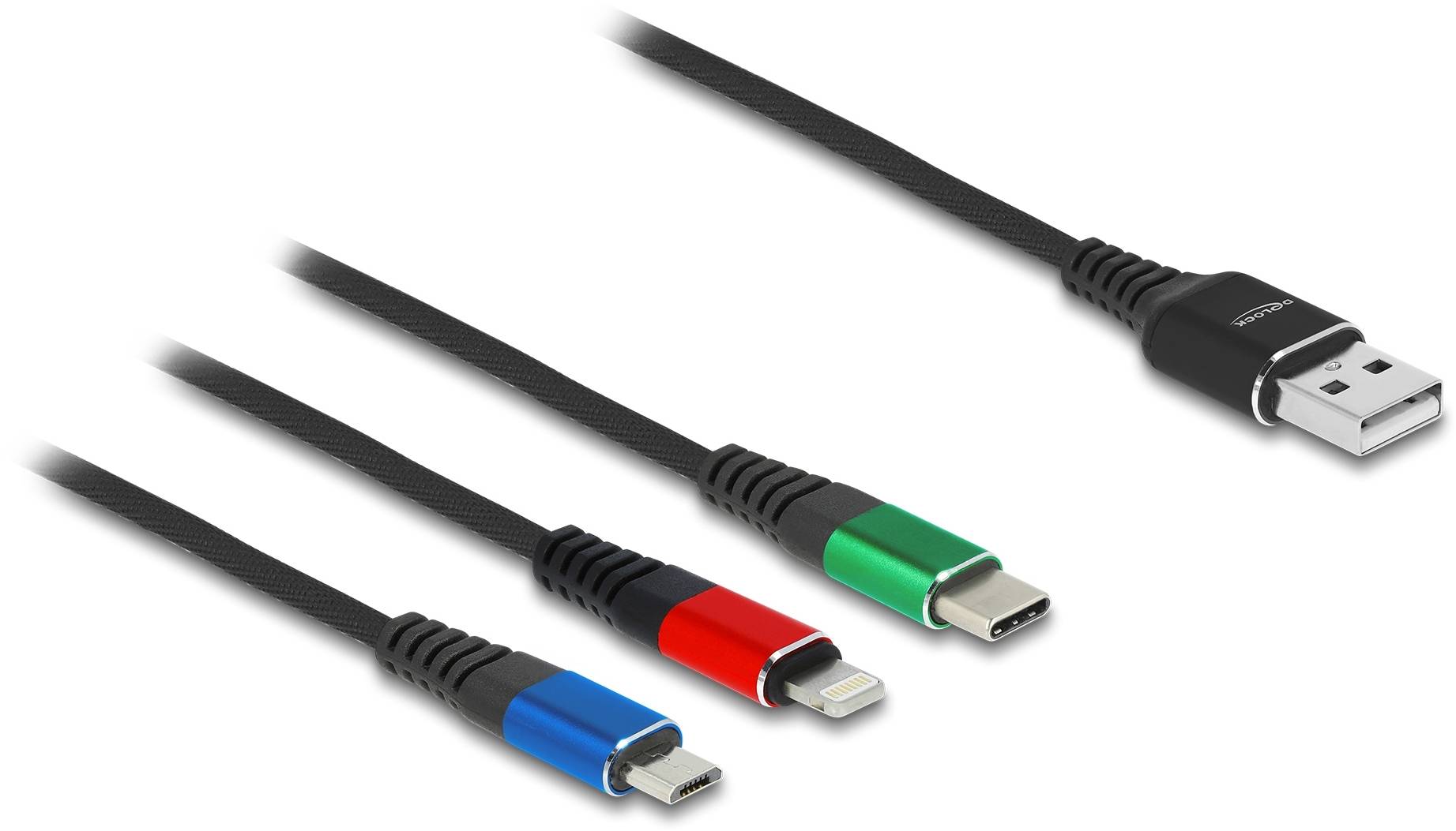 'Olika kabeltyper med USB- och andra anslutningar på vit bakgrund. Olika färger markerar kabeltyper.'