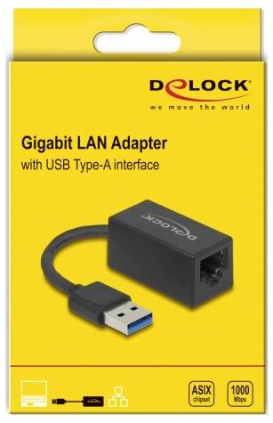 Gul förpackning för en Gigabit LAN-adapter med USB Type-A-anslutning. Varumärkesnamn och specifikationer som 1000 Mbps är synliga.