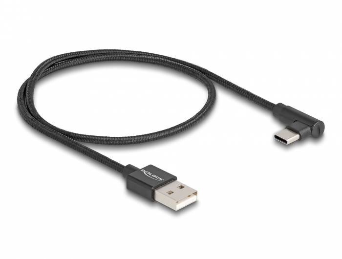 Ett svart, flätat USB-A till USB-C-kabel med en USB-C-kontakt i 90 graders vinkel, perfekt för trånga anslutningar.