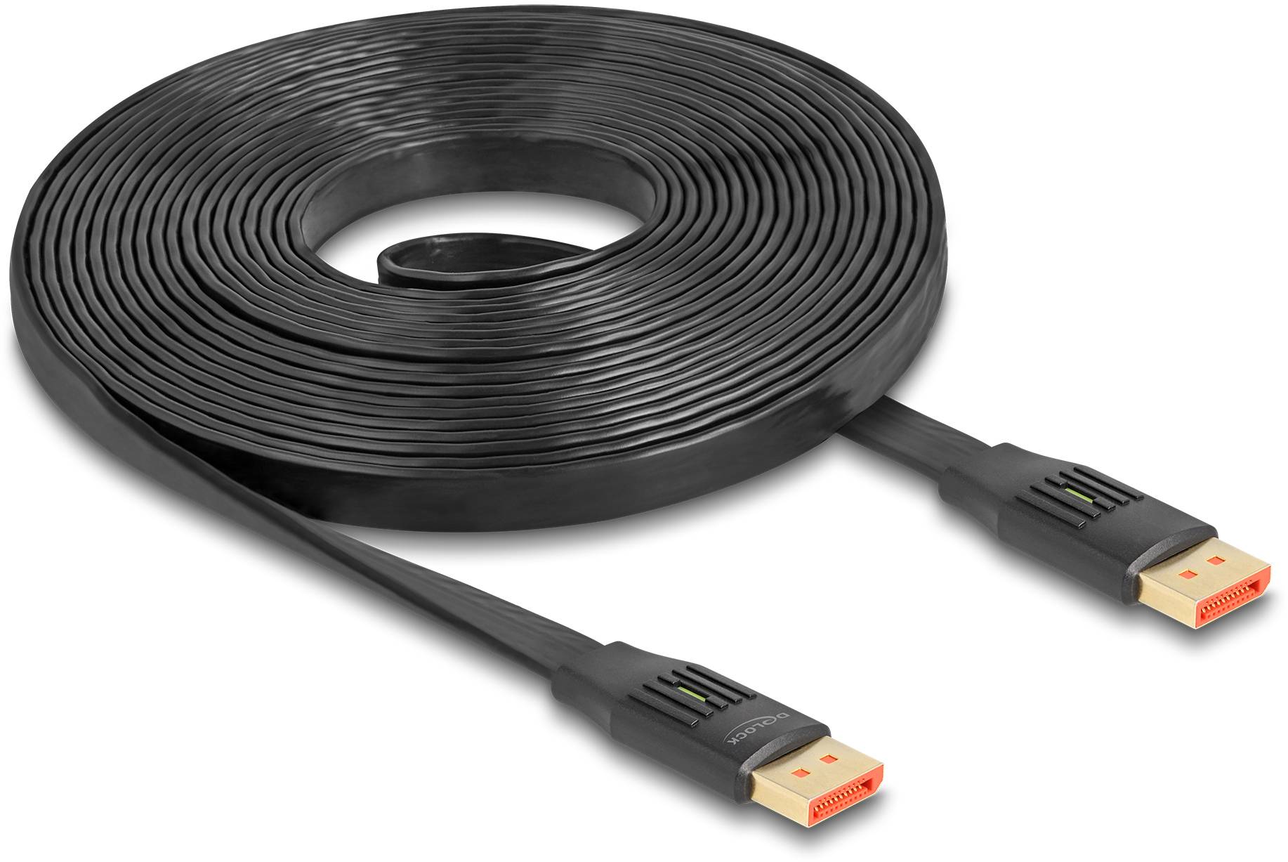 En lång, tunn, svart HDMI-kabel med en svart kontakt i varje ände, lämplig för anslutning av videoenheter.