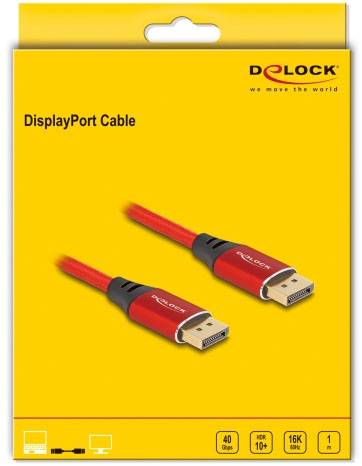 DisplayPort-kabel från märket Delock, gul med två röda DisplayPort-kontakter, stöder 40 Gbps och 16K-upplösning.