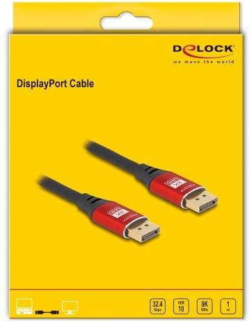 DisplayPort-kabel på gul förpackning med röda kontaktavbildningar. Lämplig för 8K, HDR10, 32,4 Gb/s, förpackning med 1 kabel.