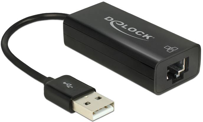 USB till Ethernet-adapter: En svart enhet med en USB-port på ena sidan och ett nätverksgränssnitt på den andra.