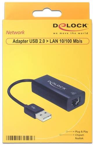 USB-adapter förpackning 'DELOCK', förbinder USB 2.0 med LAN 10/100 Mb/s. Gul-orangebakgrund med svart adapterbild.
