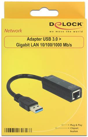 'Delock USB 3.0 till Gigabit LAN-adapter' förpackning. Beige bakgrund med gula och röda element. Produktbild i mitten.