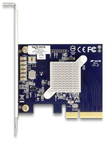 Ett PCIe-kort med tillverkarmärke, kretskort, kylflänsar och anslutningsstift synliga; lämpligt för att utöka datorns funktioner.