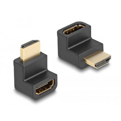 Två svarta HDMI-vinkeladaptrar med guldpläterade kontakter, lämpliga för anslutning av HDMI-kablar i trånga eller svåråtkomliga utrymmen.