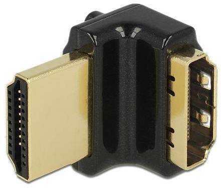 HDMI-vinklade adaptrar, svart, med en guldpläterad kontakt och ett guldpläterat uttag, lämplig för att ansluta HDMI-kablar i begränsade utrymmen.