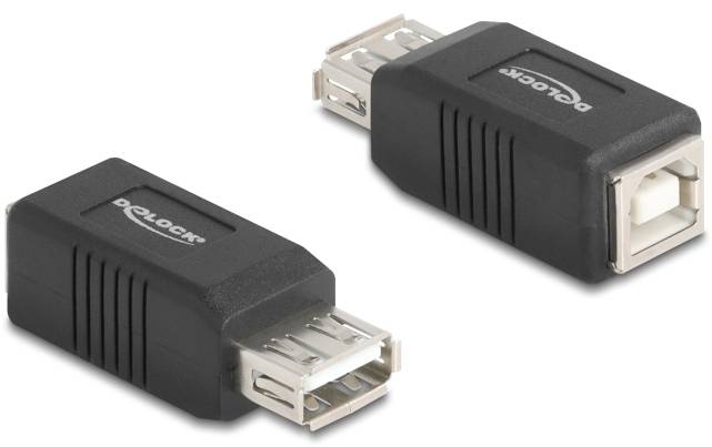 Två svarta USB-adaptrar med olika anslutningar, en för Typ-A- och en för Typ-B-kontakter, på grå bakgrund.