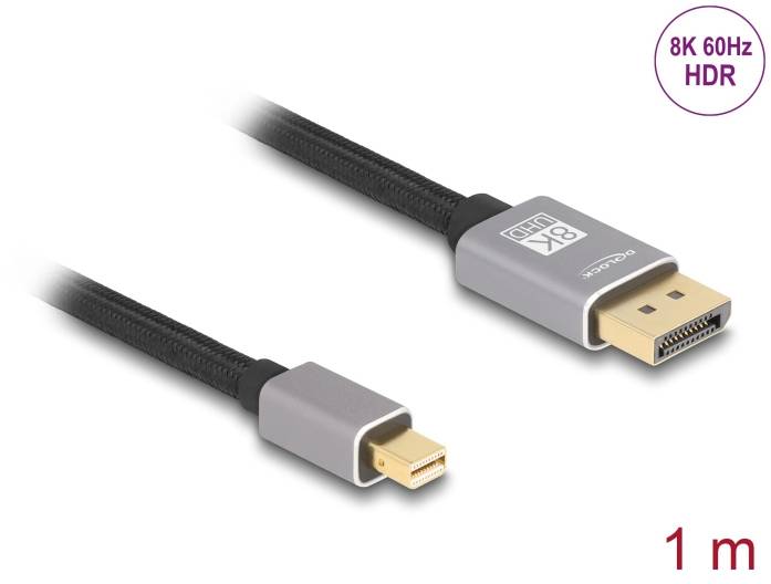 Ett svart DisplayPort-kabel med guldfärgade kontakter, märkt med '8K 60Hz HDR'. Vänster Mini DisplayPort, höger Standard DisplayPort. Längd 1 meter.