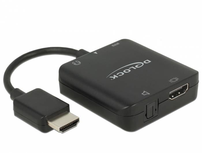 Svart Delock HDMI-adapter med kort kabel, möjliggör anslutning till olika enheter genom olika kontakter.