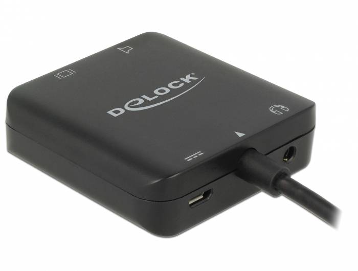 En svart adapter från Delock med anslutningar för USB-C, HDMI och hörlurar. Används för att ansluta enheter.