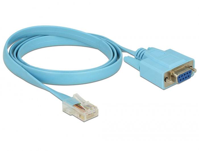 Ett blått konsolkabel med en RJ-45-kontakt på ena sidan och en DB9-seriell kontakt på den andra sidan.