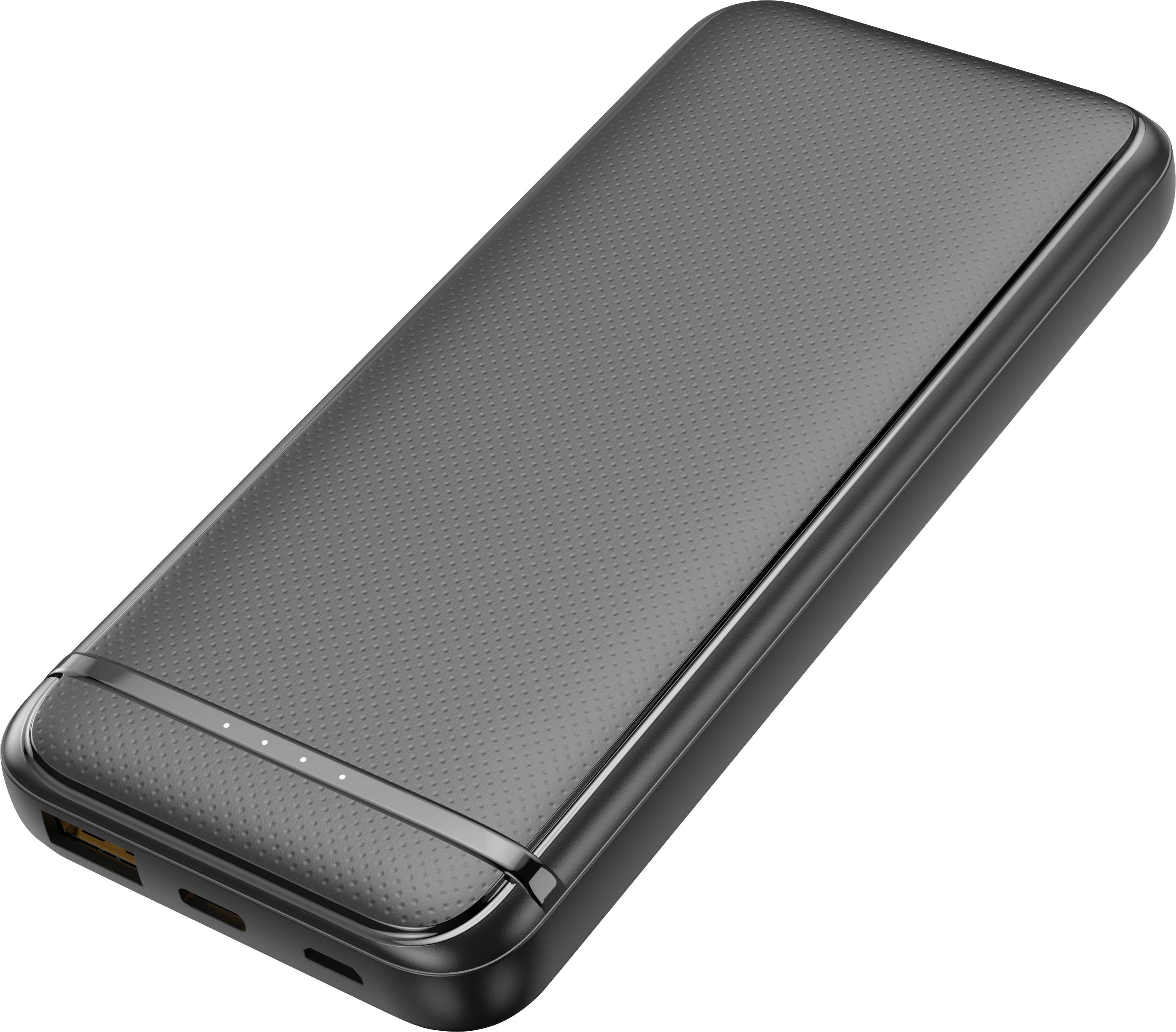 Bärbar svart powerbank med avrundade hörn, strukturerad yta och flera anslutningar på undersidan.