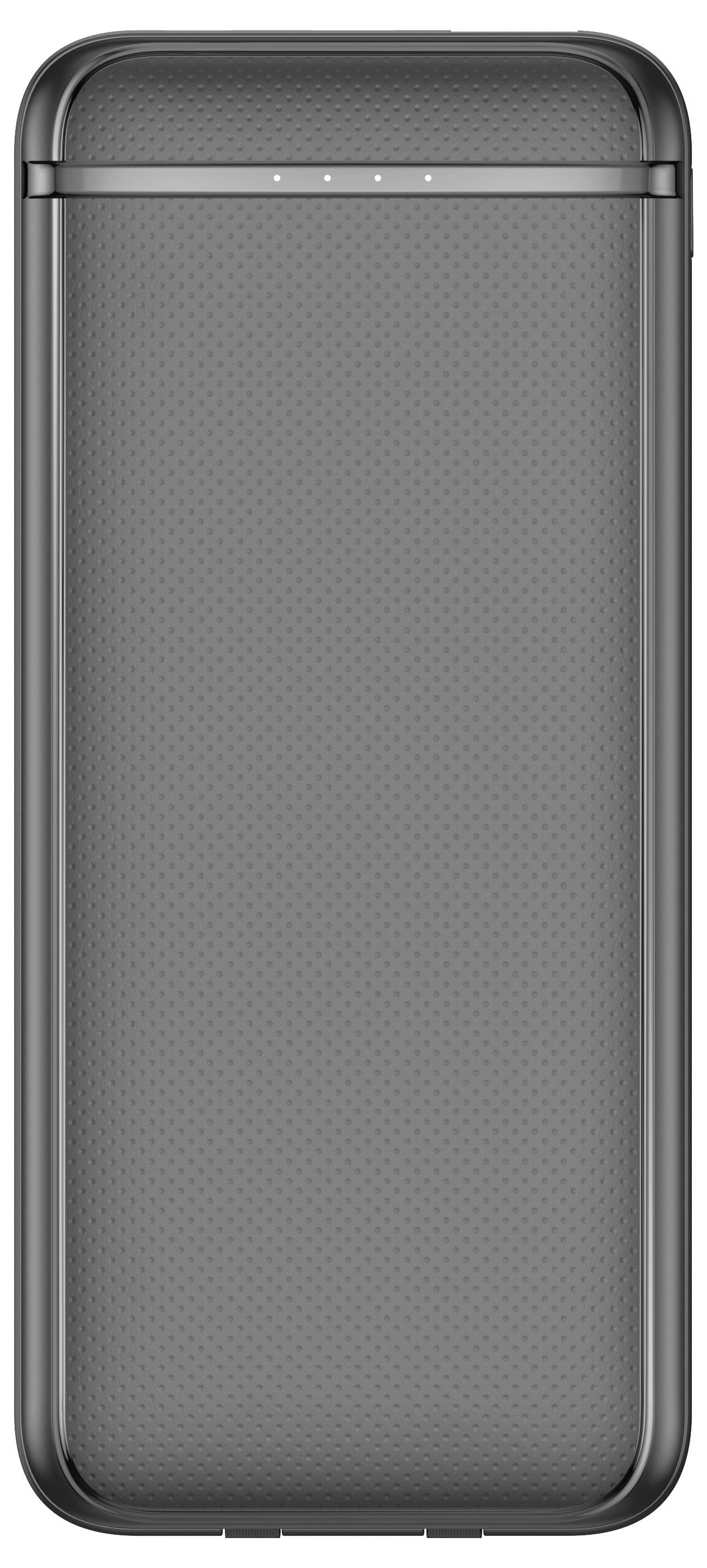Svart powerbank med slät yta och laddningsindikator ovanpå; bärbar laddare för elektroniska enheter.