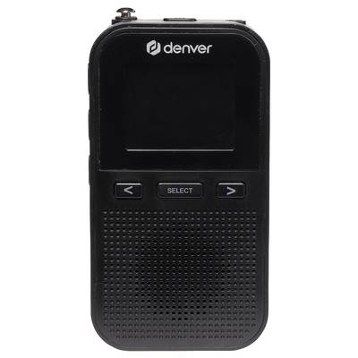 En svart bärbar radio med display, kontrollknappar och högtalargaller. Överst står varumärket 'denver'.