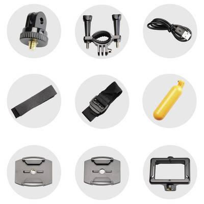 Olika kamera-tillbehörsdelar, däribland fästen, skruvar, ett gult flytande fäste, USB-kabel och ett kardborreband.