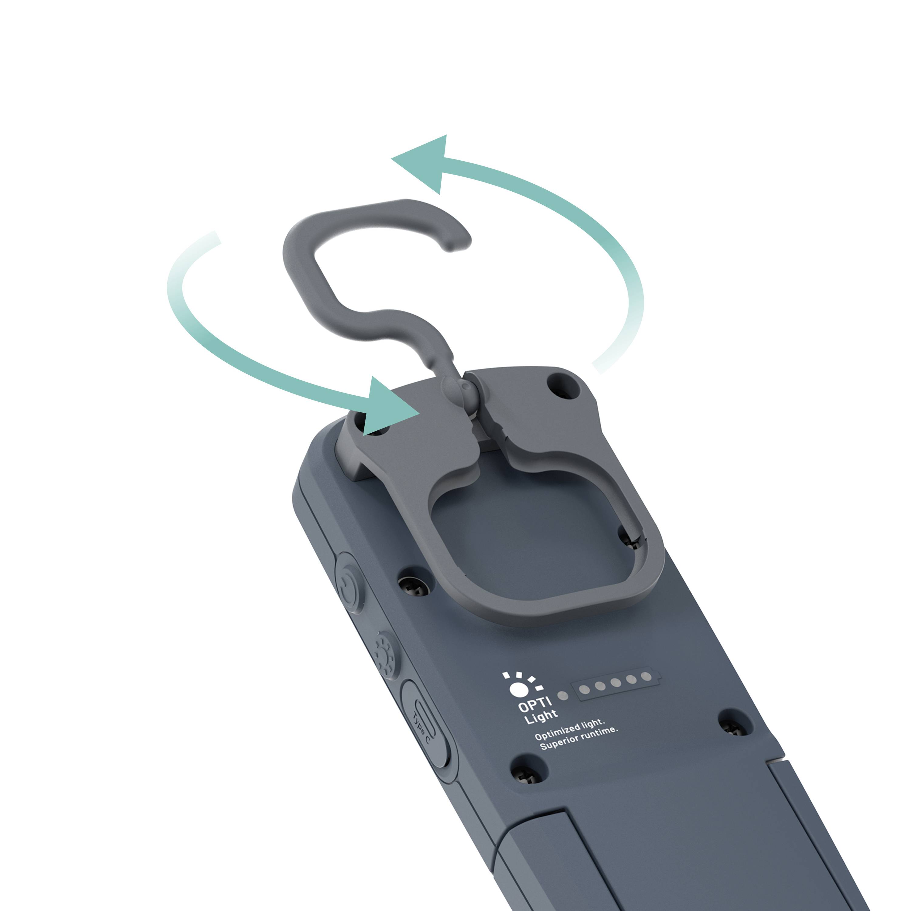 En bärbar enhet med en vikbar krok för enkel hantering. Lämplig att hänga upp eller bära med sig.