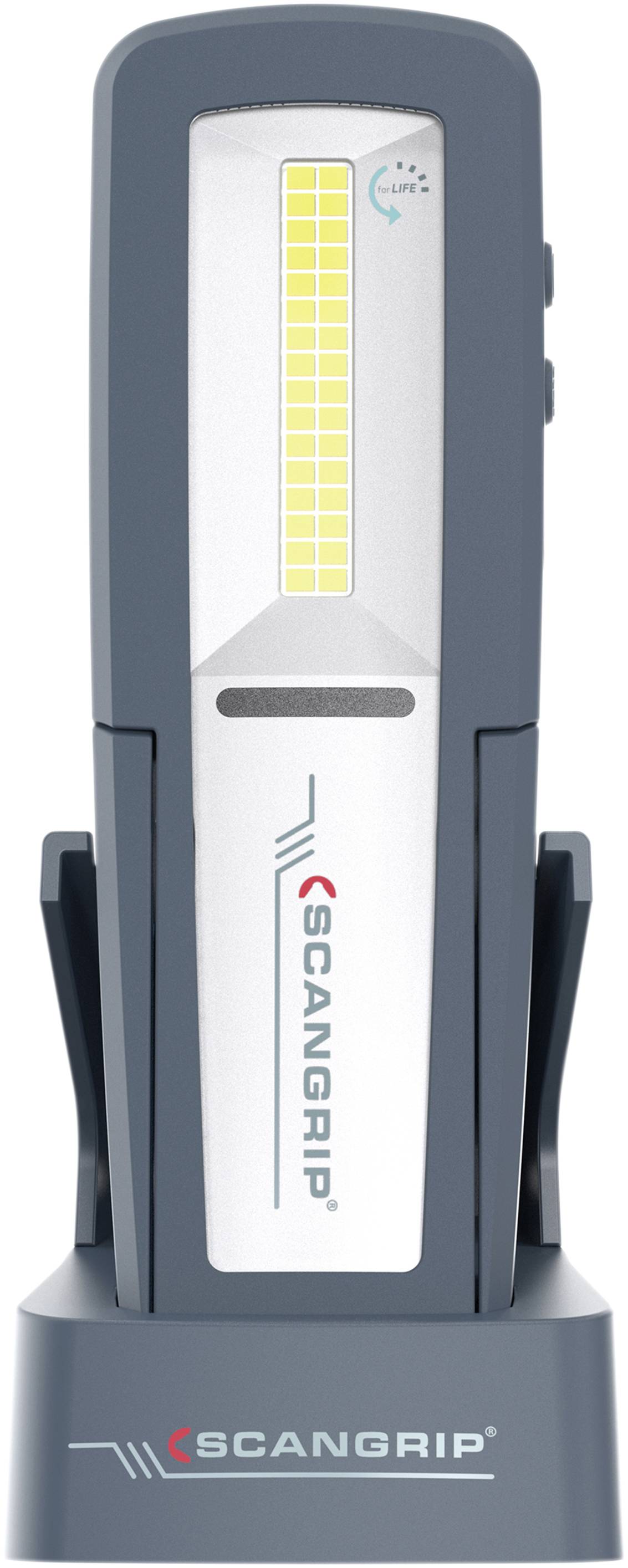 Handlampa från Scangrip på laddningsstation; vertikal LED-rad, kompakt, idealisk för verkstadsbelysning.