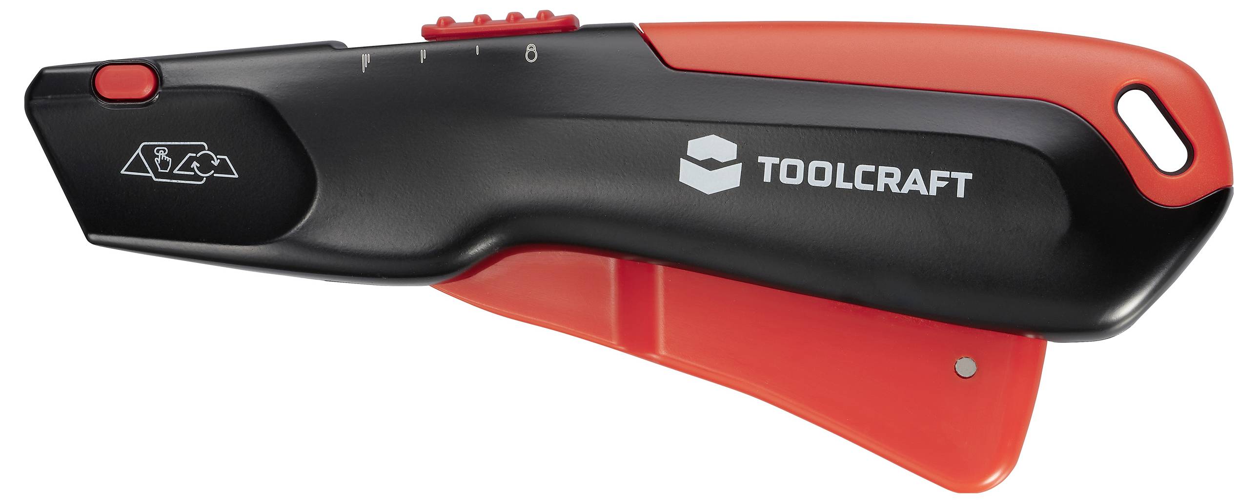 Svart och rött säkerhetsknivar från TOOLCRAFT med bladhållare. Lämplig för precision skärning och skydd mot olyckor.