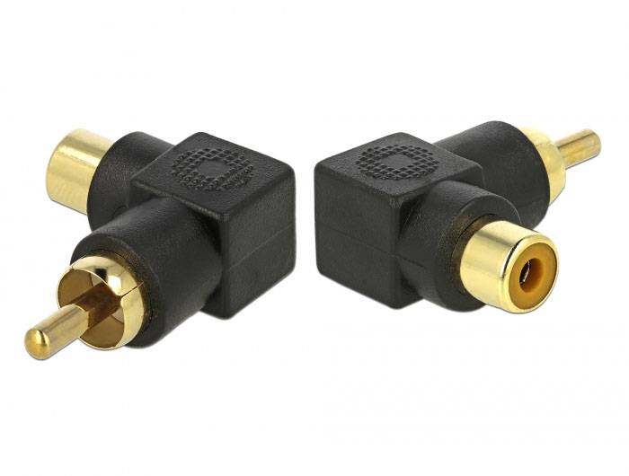 Två svarta och guldiga RCA-adaptrar ligger bredvid varandra. De möjliggör anslutning av cinchkablar.