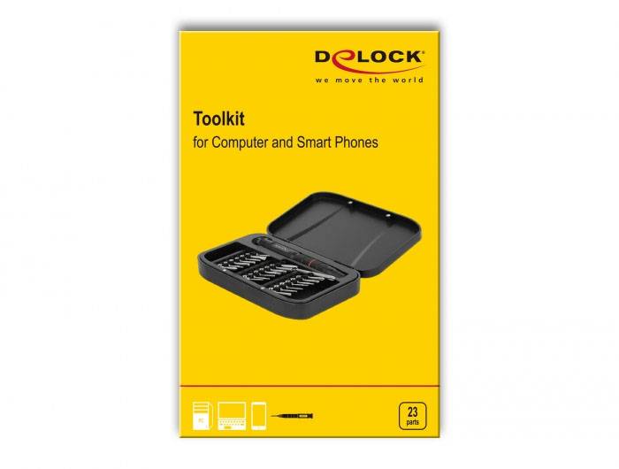 Gul förpackningsdesign med öppen verktygslåda. Påskrift 'Toolkit for Computer and Smart Phones', 23 delar.