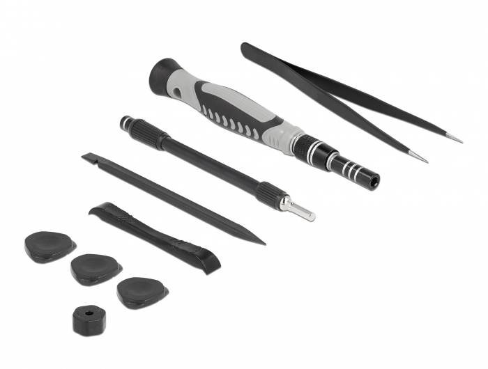 Ett reparationsset bestående av en skruvmejsel med utbytbara bits, en pincett och andra verktyg. Perfekt för elektronikreparationer.