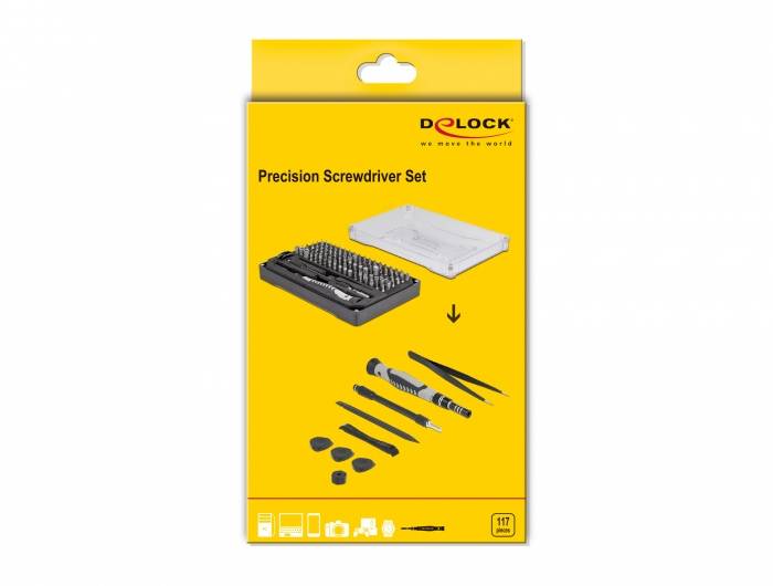 Gult förpackningsdesign för ett 'Precision Screwdriver Set' från Delock, visar olika skruvmejslar och bits, ordnade och förvarade.