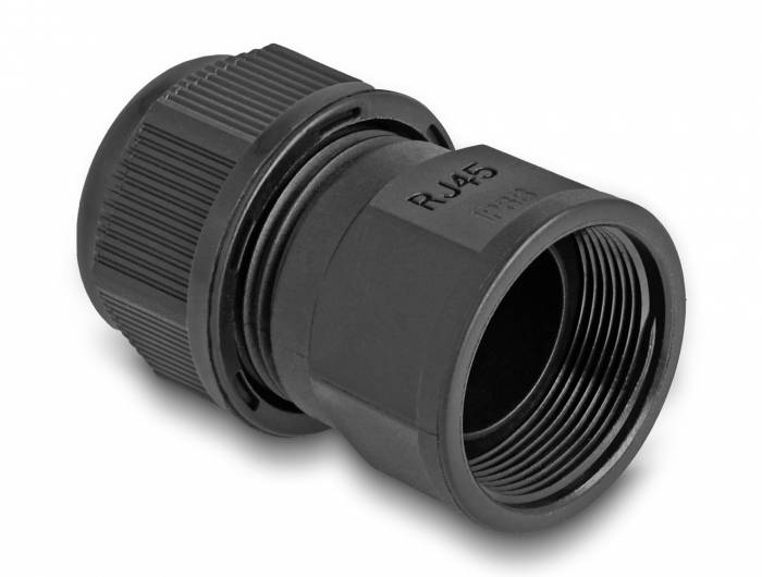 Svart RJ45-kontaktadapter med räfflad struktur för enkel hantering. Används för att ansluta nätverkskablar.