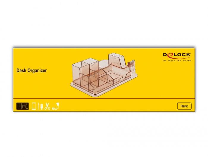 Gul kartong med 'Skrivbordsorganiserare' och märket 'Delock'. Illustration av en genomskinlig, flerdels skrivbordsorganiserare i plast.
