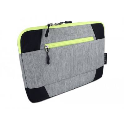 Grå laptopväska med gul dragkedja och svart tillbehör. Enkel design för förvaring och skydd av enheter.