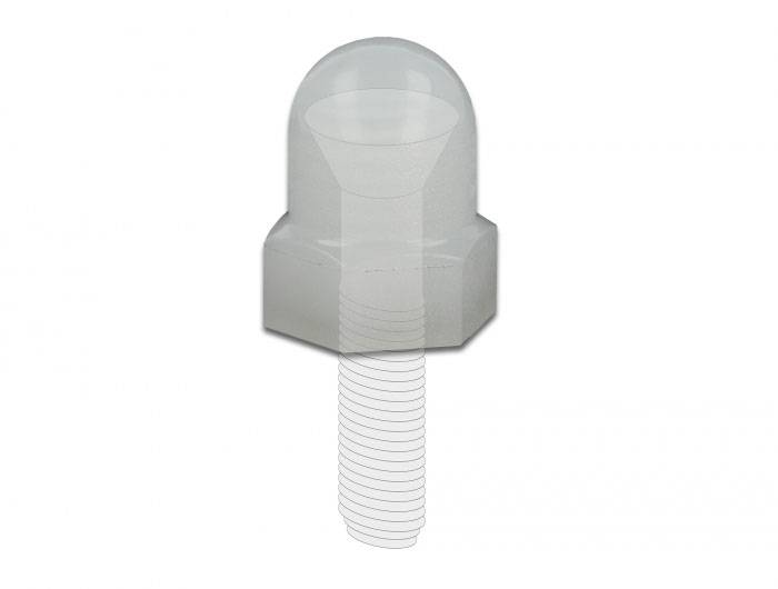 En silvergrå sexkantig skruv med ett transparent plastöverdrag som täcker spetsen, placerad mot en vit bakgrund.