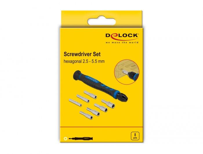 En gul förpackning för ett skruvmejselset med sex utbytbara bits, storlekar 2,5 till 5,5 mm, och ett handtag. Märke 'Delock'.