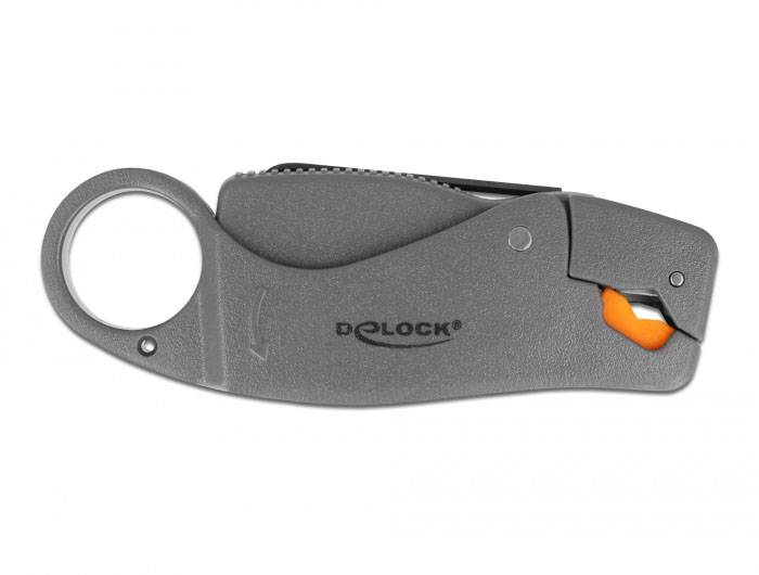 En grå och orange kabelavbitare från märket Delock med ett ergonomiskt grepp och en ring för bättre åtkomst.