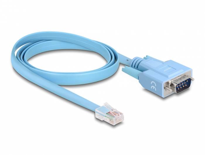 Blå nätverkskabel med RJ-45-kontakt och DB9-adapter. Används för seriella konsolanslutningar på nätverksenheter.