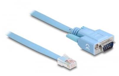 Ljusblått konsolkabel med RJ45-kontakt till vänster och en RS232-kontakt till höger, används för nätverksanslutningar eller enhetskonfiguration.