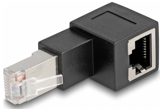 En svart-silverfärgad RJ45-adapterkontakt med hona- och hananslutning, används för nätverkskabelanslutningar.