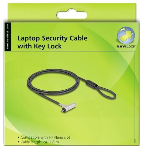 Laptopsäkerhetskabel med nyckellås. Kompatibel med HP Nano-slot. Kabellängd: ca 1,8 m. Märke: Navilock.