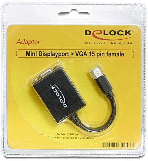 Adapter från DeLOCK i blisterförpackning: Mini DisplayPort till VGA 15-stifts hona. Lämplig för Mac-bärbara datorer för anslutning till VGA-monitor.