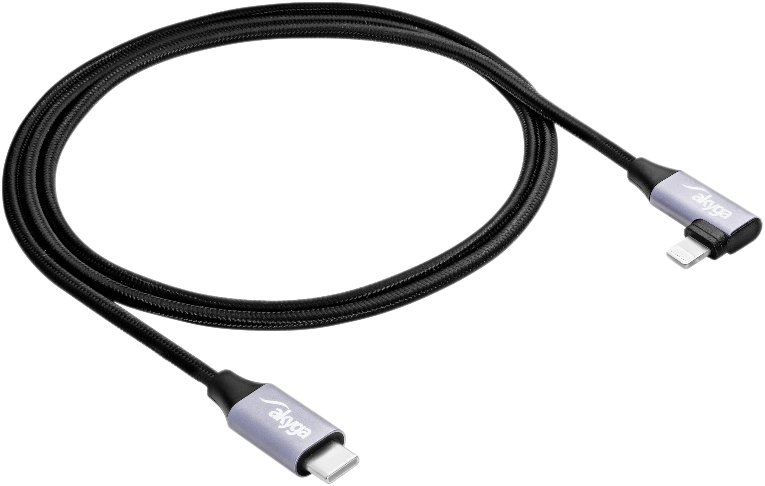 Ett svart USB-C till Lightning-kabel med metalliska kontakter, lämplig för laddning och dataöverföring mellan enheter.
