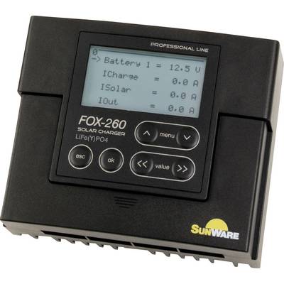 En solregulator med digitalt display visar: 'Battery = 12.5 V', 'ICharge = 0.0 A', 'ISolar = 0.0 A', 'IOut = 0.0 A'. Modell: FOX-260.