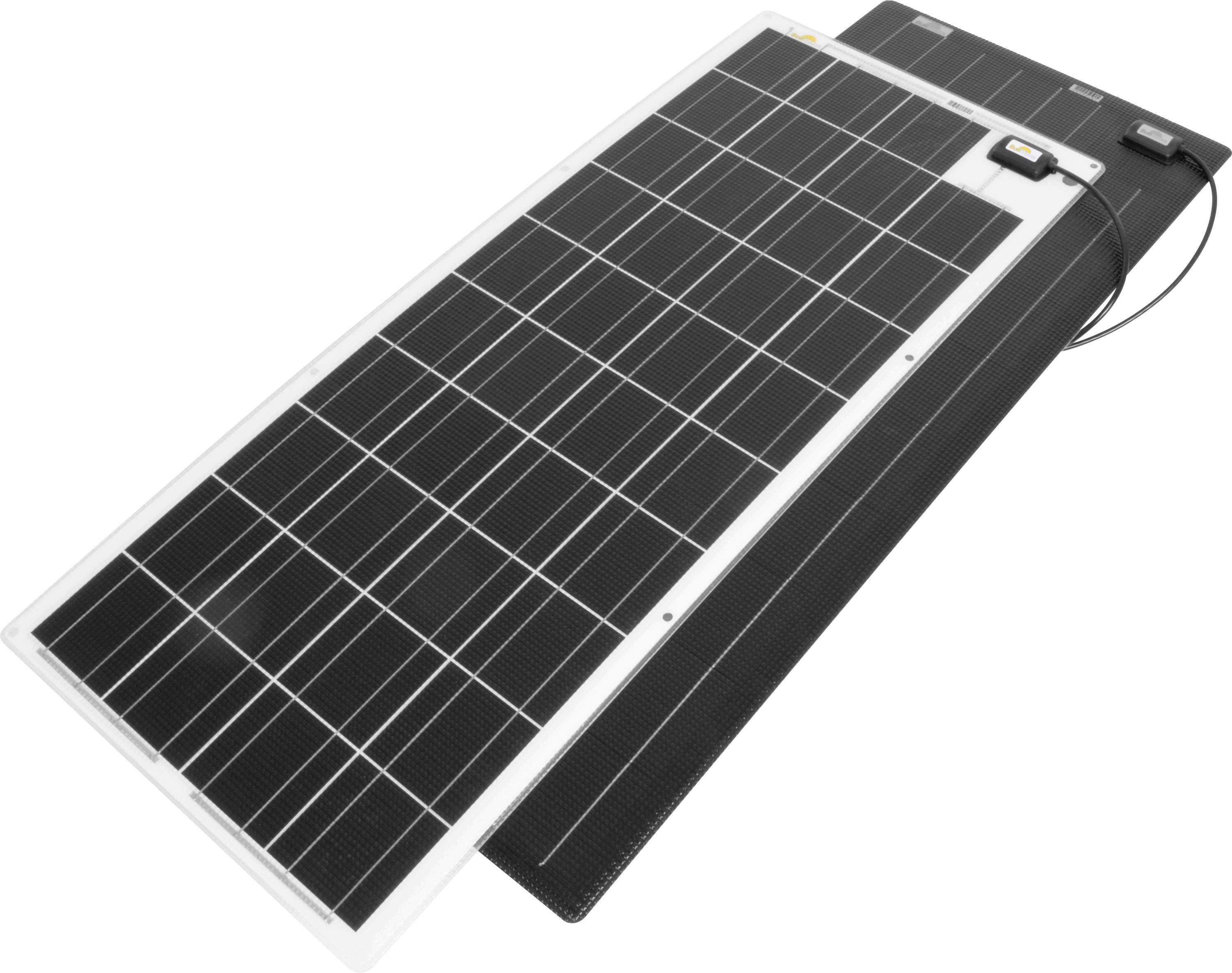 Ett bärbart solpanel med svart yta som kan vikas ihop. Perfekt för strömförsörjning när man är på resande fot.