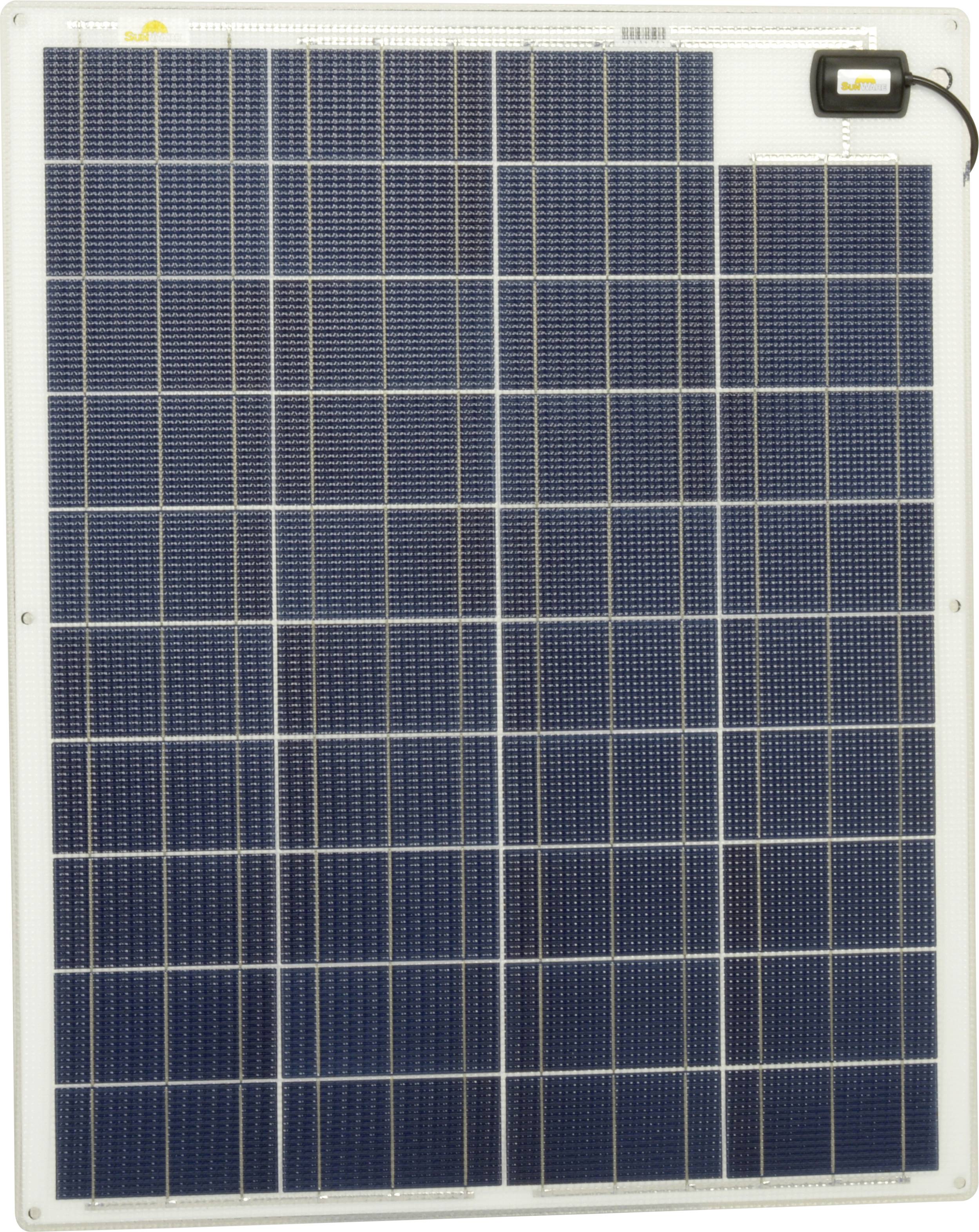 Solarpanel med rektangulära, blå celler arrangerade i ett rutnät. En anslutningslåda är fäst uppe till höger.