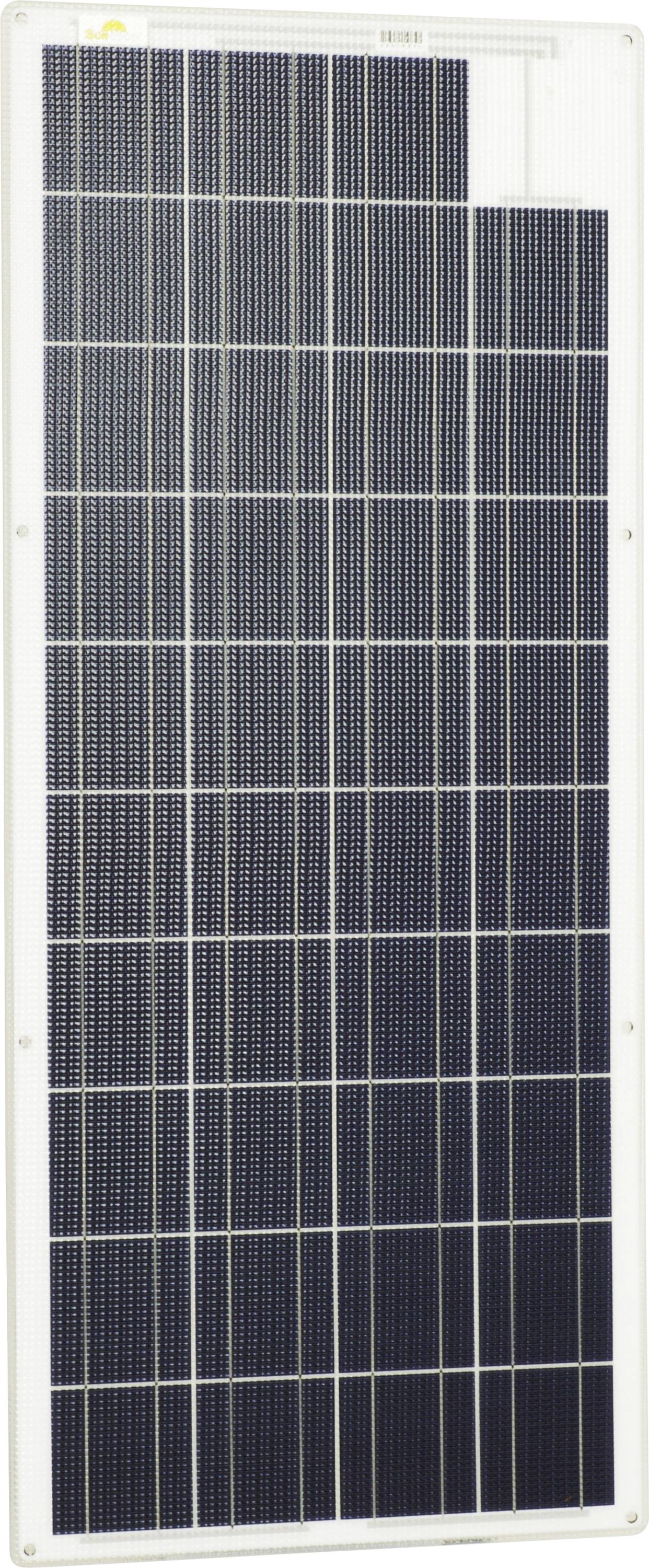 Ett rektangulärt solpanel med flera svarta fotovoltaiska celler på vit bakgrund.