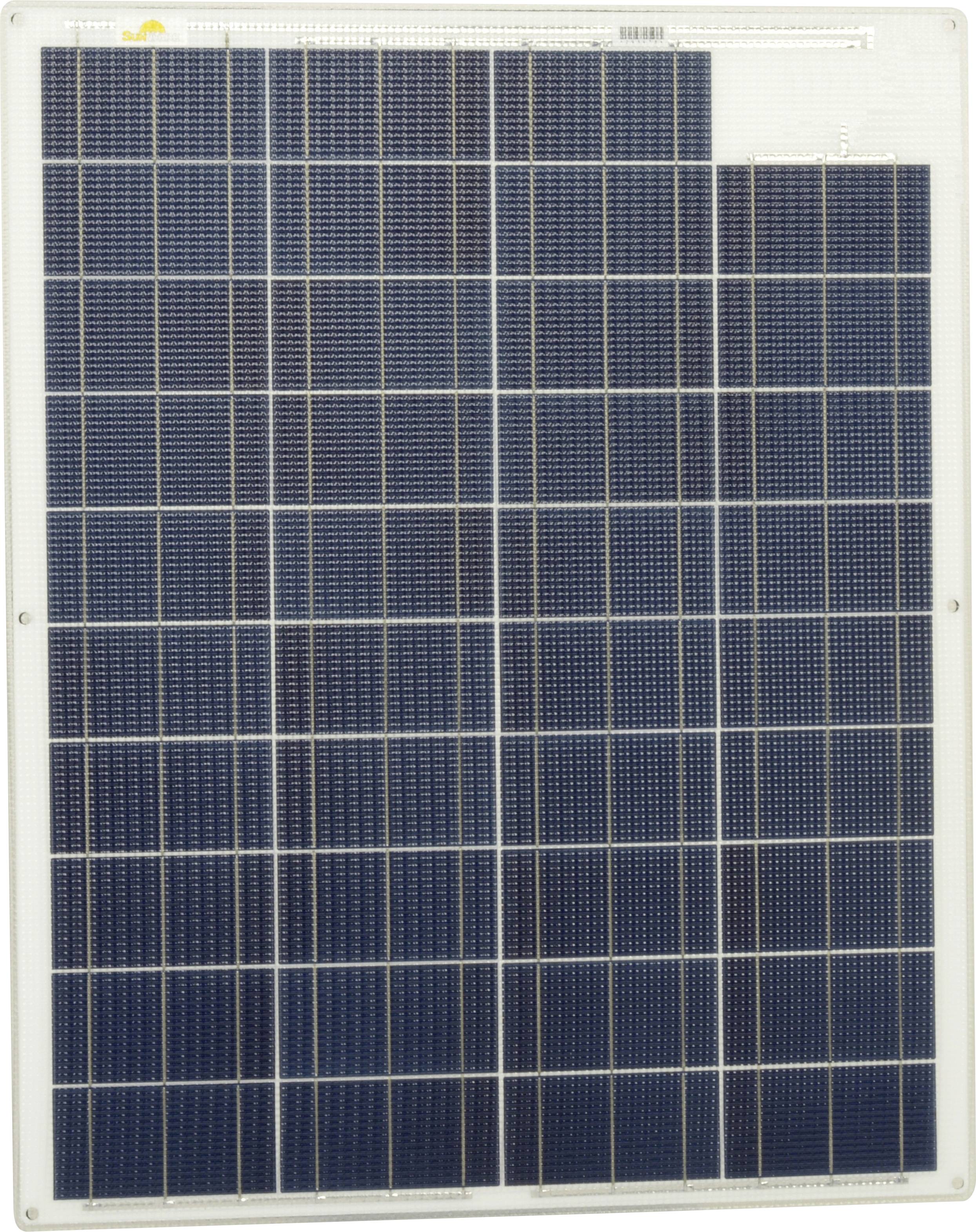 En rektangulär solpanel med flera små kvadratiska, mörkblå solceller som är åtskilda av vita linjer.