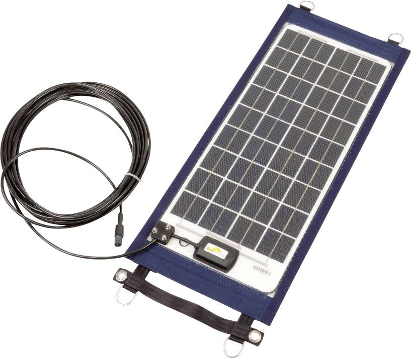 Bärbar solarladdare med rektangulärt solarpanel och kabel för anslutning till elektroniska enheter. Perfekt för mobil laddning.