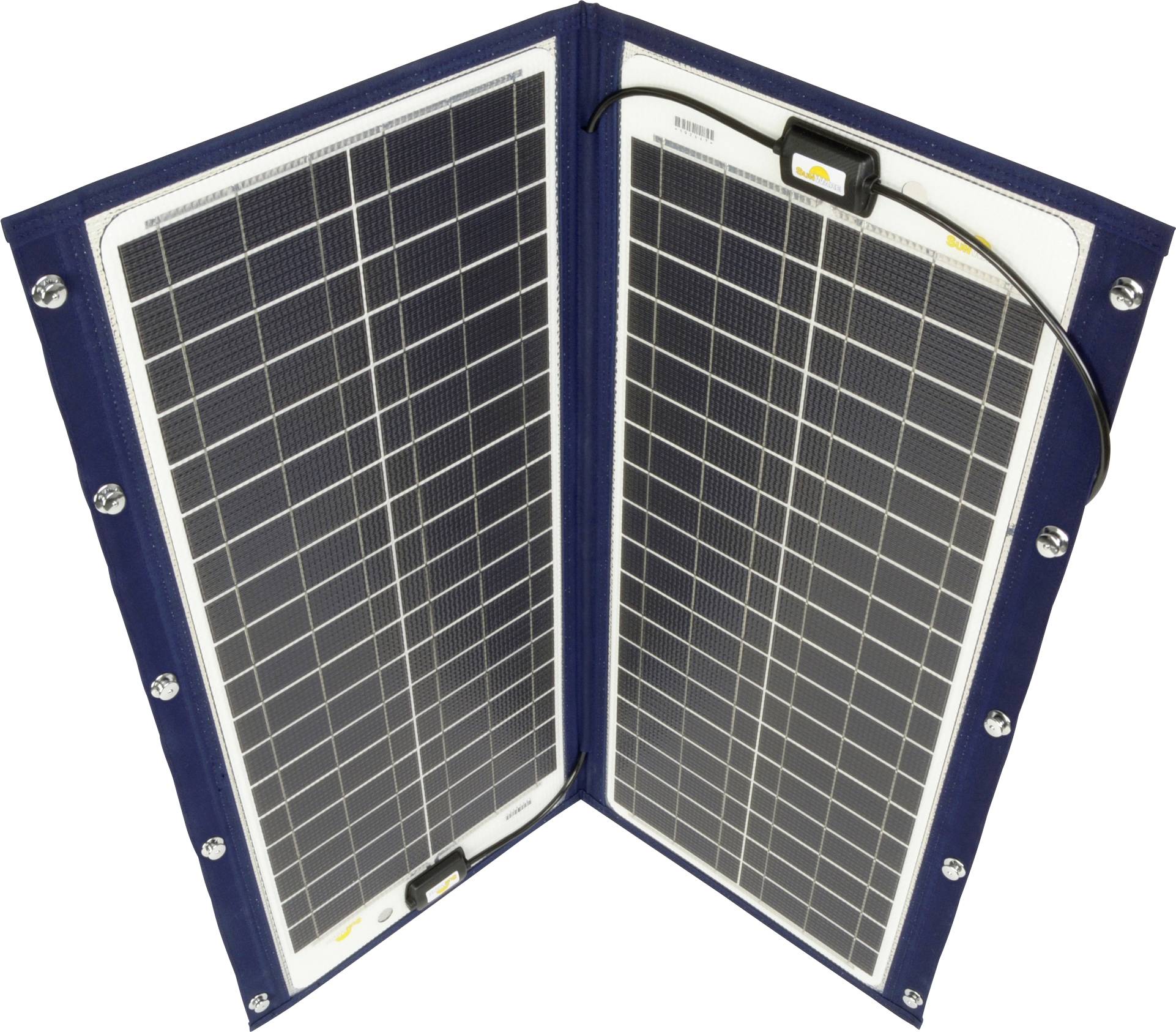 Bärbar solpanel med två vikbara halvor, perfekt för resor. Den har en blå ram med fästöglor.
