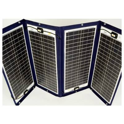Vikbart solarpanel med fyra segment, idealiskt för mobil strömförsörjning. Svart-silvriga paneler med blå kanter.