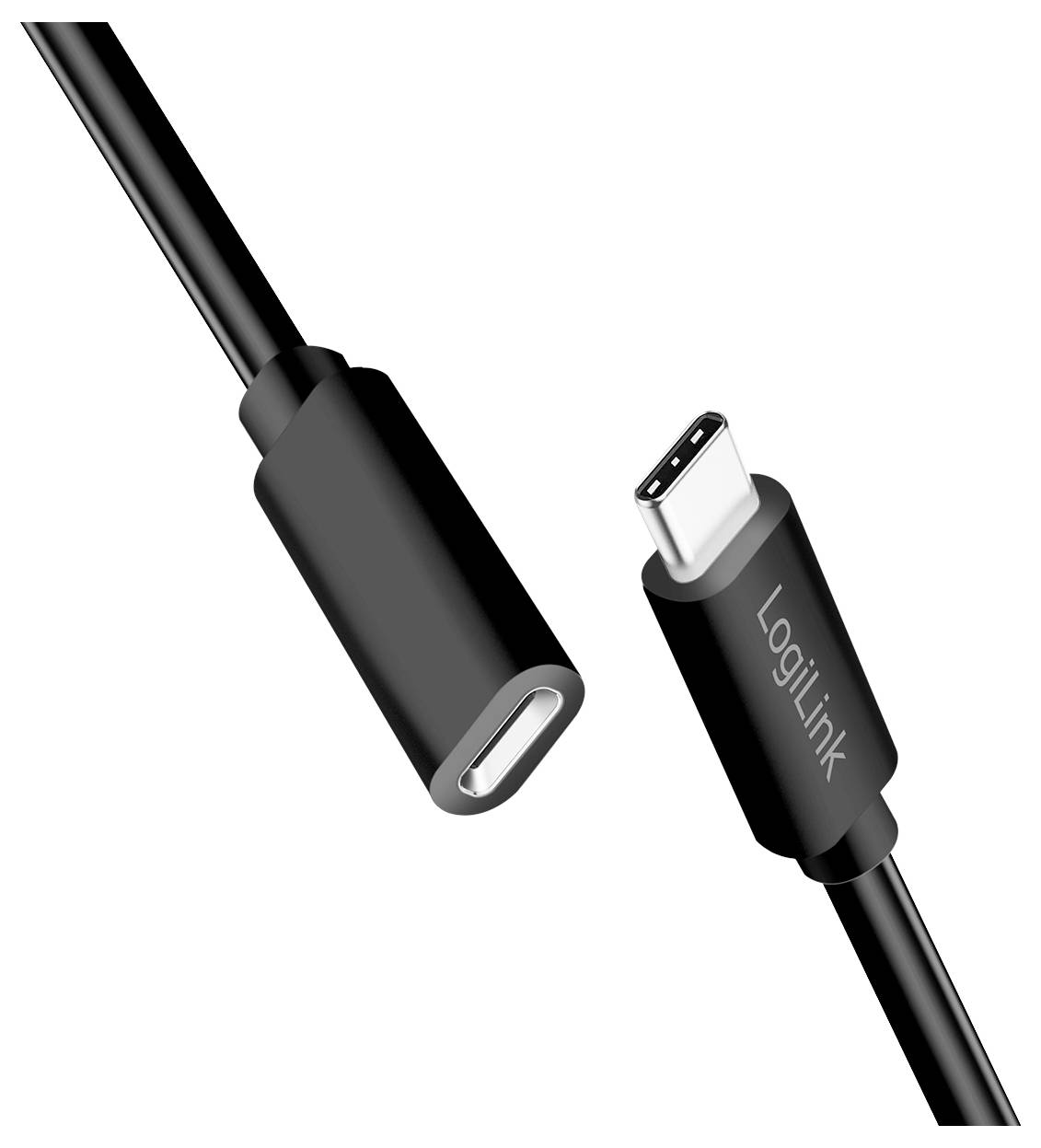 USB-C-förlängningskabel från LogiLink med dubbelsidig USB-C-kontakt, svart, för anslutning av USB-C-enheter.